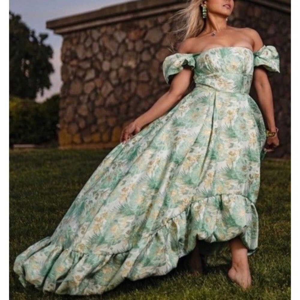 Mac Duggal Brocade Puff Sleeve High Low Gown Size 16 Green Gold 68276 Formal